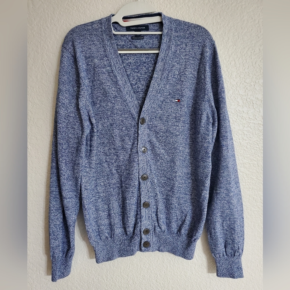 Vintage Tommy Hilfiger Blue and Cream Knit Cardigan Sweater Men's Size Small